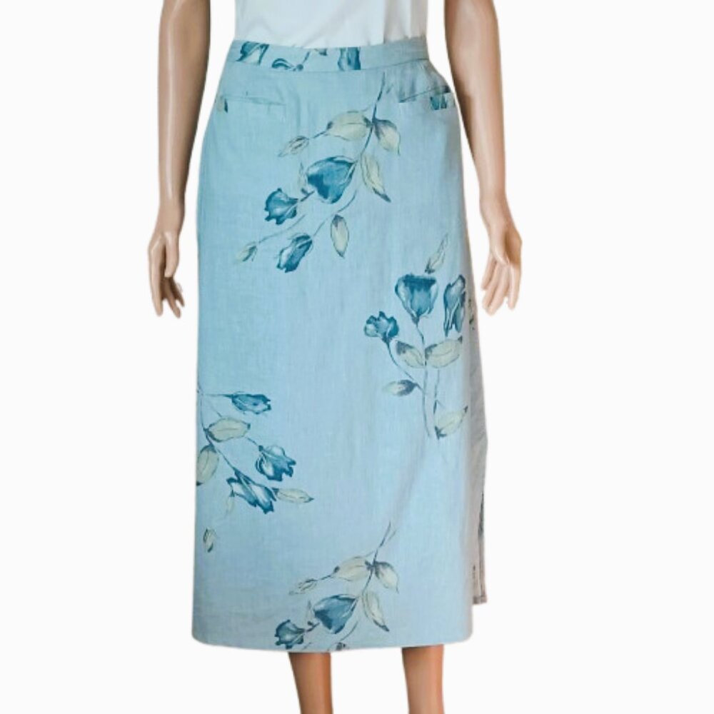 CLC Vintage Blue Floral Midi Skirt 16P Front Pockets Side Slit Elastic Waist